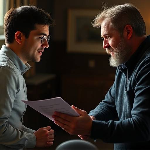 Acteur analyseert een script met een docent, beiden met een kritische blik maar open houding.