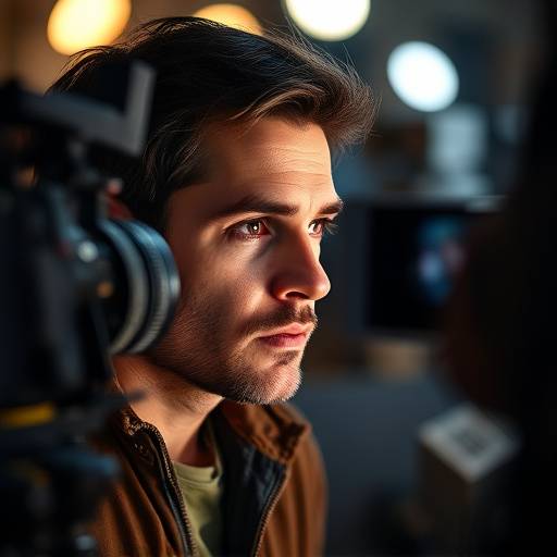 Acteur focust geconcentreerd op het scherm tijdens een opnamesessie, met een camera op hem gericht.