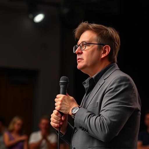 Acteur staat met een microfoon op een podium, klaar om een tekst te leveren tijdens een workshop stemgebruik.