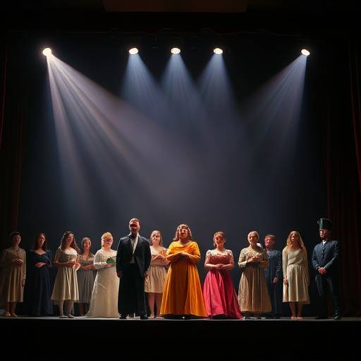 Acteurs in kostuums op een toneelverlicht podium
