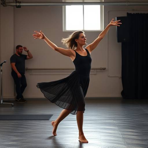 Actrice beweegt gracieus en expressief tijdens een fysieke theaterworkshop in een moderne studio.