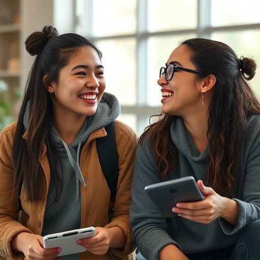 Twee studenten lachen terwijl ze samen een dialoog oefenen, hun enthousiasme is voelbaar.